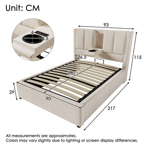 Lit Simple 90x200 Cm Beige En Lin Avec Rangement Hydraulique, LED, Porte-gobelet Et Ports USB‑c