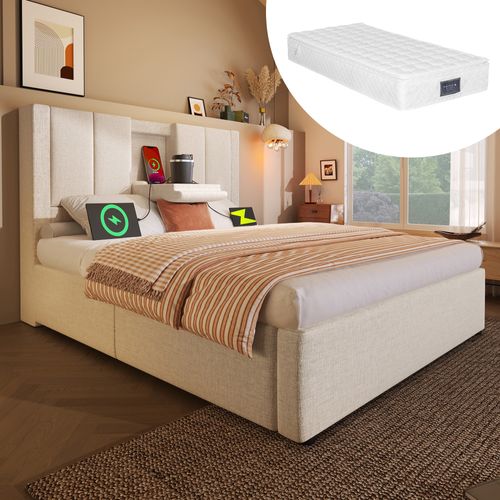 Lit Simple 90x200 Cm Beige En Lin Avec Rangement Hydraulique, LED, Porte-gobelet Et Ports USB‑c