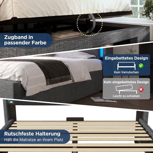 Lit 160x200 Cm En Lin Gris Avec LED, Rangement Hydraulique Et Tête Multifonction