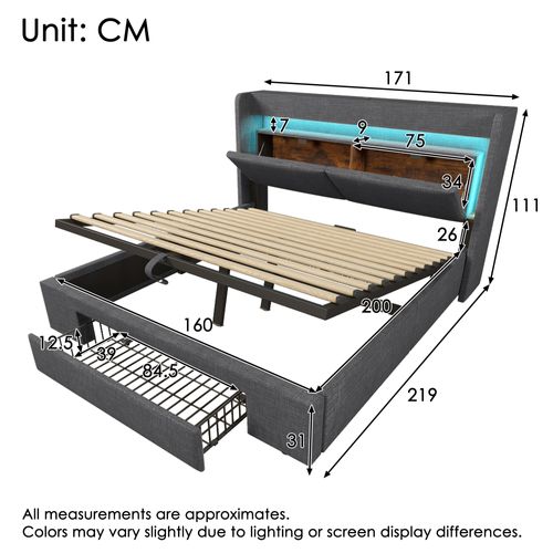 Lit 160x200 Cm En Lin Gris Avec LED, Rangement Hydraulique Et Tête Multifonction