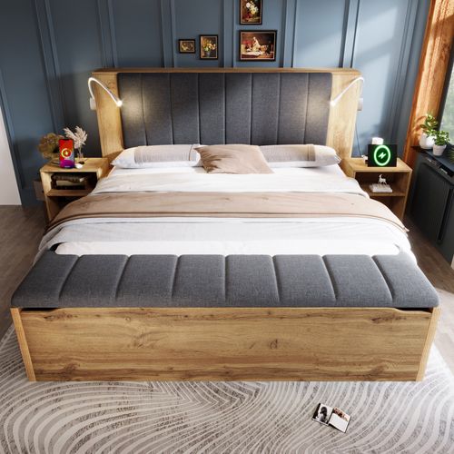 Lit Double 160x200 Cm Avec Tête Relevable En Lin, LED Et Rangements Intégrés