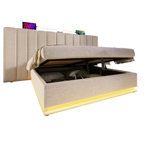 Lit Double 180x200 cm Avec LED, Rangement Hydraulique Et Ports USB-c, Lin Beige