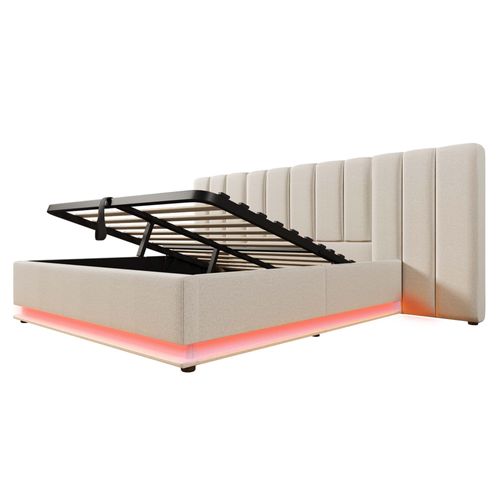 Lit Double 180x200 cm Avec LED, Rangement Hydraulique Et Ports USB-c, Lin Beige