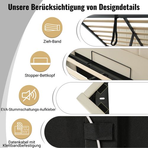 Lit Double 180x200 cm Avec LED, Rangement Hydraulique Et Ports USB-c, Lin Beige