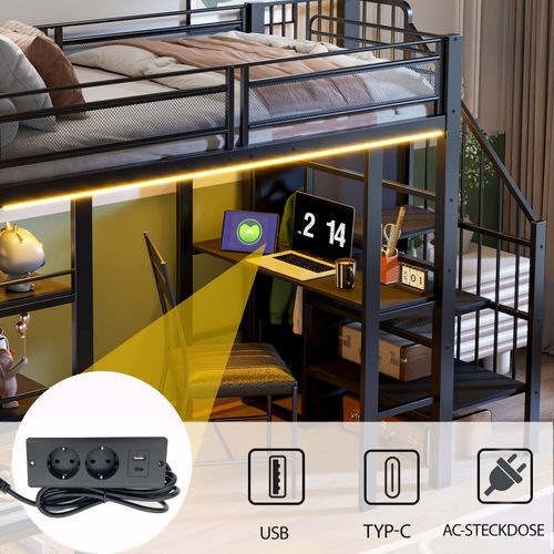 Lit Mezzanine 90x200 Cm En Métal Noir Avec LED, Bureau Et Rangement Multifonctionnel