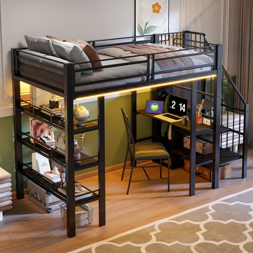 Lit Mezzanine 90x200 Cm En Métal Noir Avec LED, Bureau Et Rangement Multifonctionnel