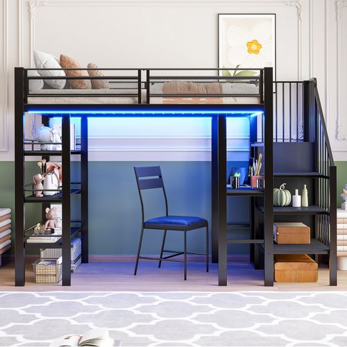 Lit Mezzanine 90x200 Cm En Métal Noir Avec LED, Bureau Et Rangement Multifonctionnel