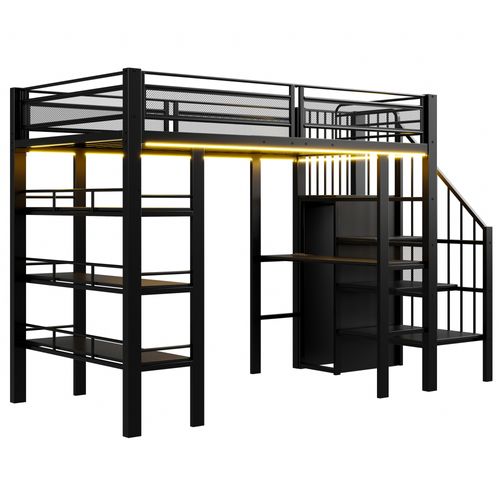 Lit Mezzanine 90x200 Cm En Métal Noir Avec LED, Bureau Et Rangement Multifonctionnel