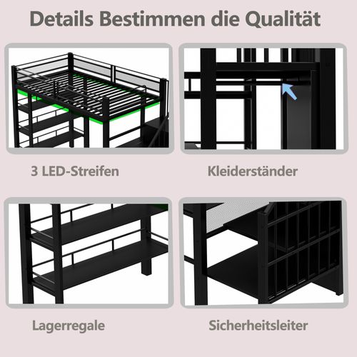 Lit Mezzanine 90x200 Cm En Métal Noir Avec LED, Bureau Et Rangement Multifonctionnel