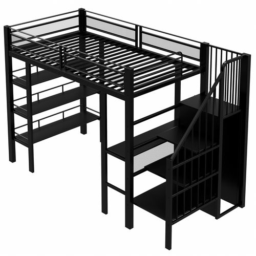 Lit Mezzanine 90x200 Cm En Métal Noir Avec LED, Bureau Et Rangement Multifonctionnel