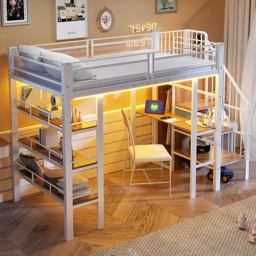 Lit Mezzanine 90x200 Cm En Métal Blanc Avec LED, Bureau Et Rangement Multifonctionnel