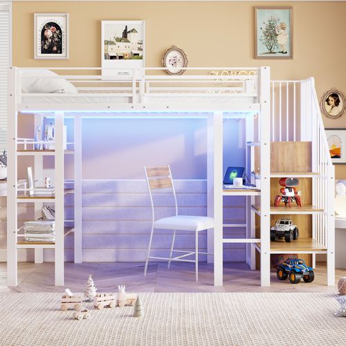 Lit Mezzanine 90x200 Cm En Métal Blanc Avec LED, Bureau Et Rangement Multifonctionnel