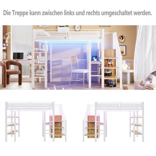 Lit Mezzanine 90x200 Cm En Métal Blanc Avec LED, Bureau Et Rangement Multifonctionnel