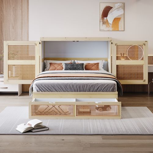 Lit Escamotable 140x200 Cm Avec Tiroirs, Design Rotin Et Bois Clair Pratique