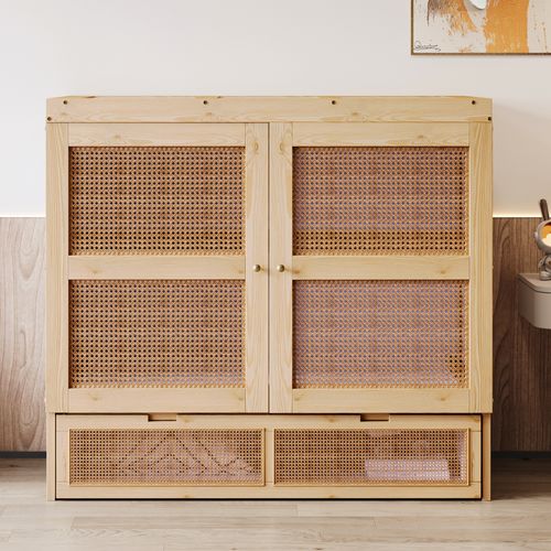 Lit Escamotable 140x200 Cm Avec Tiroirs, Design Rotin Et Bois Clair Pratique