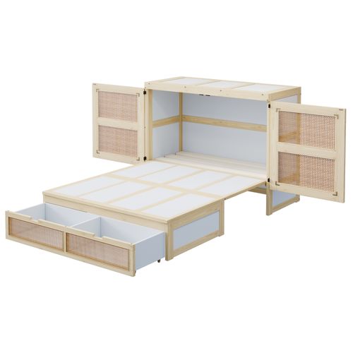 Lit Escamotable 140x200 Cm Avec Tiroirs, Design Rotin Et Bois Clair Pratique