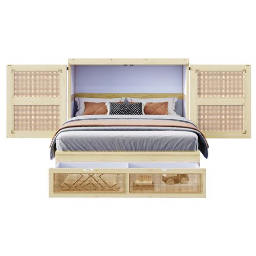 Lit Escamotable 140x200 Cm Avec Tiroirs, Design Rotin Et Bois Clair Pratique