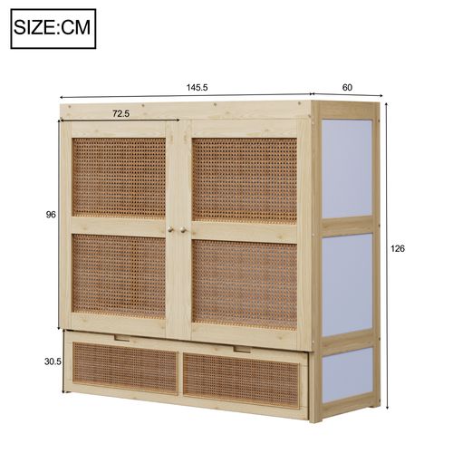 Lit Escamotable 140x200 Cm Avec Tiroirs, Design Rotin Et Bois Clair Pratique