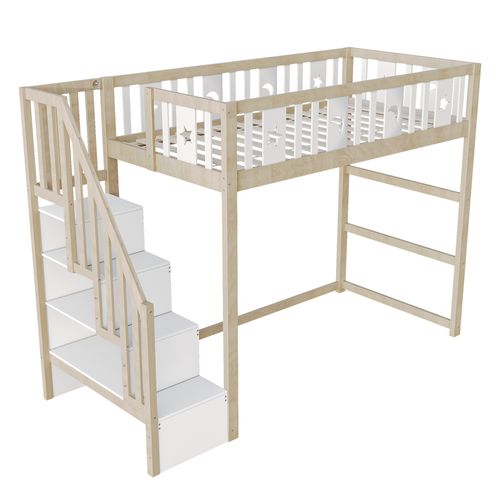 Lit Mezzanine 90x200 Cm En Bois Massif Avec Rangement Et Décorations Étoiles Et Lune