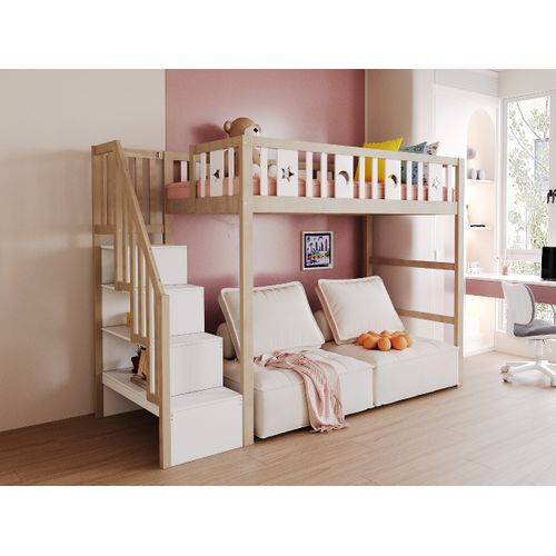 Lit Mezzanine 90x200 Cm En Bois Massif Avec Rangement Et Décorations Étoiles Et Lune