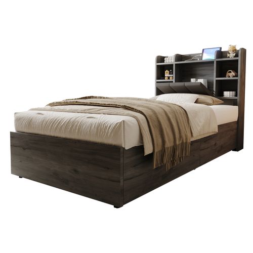 Lit En Bois 90x200 Cm Avec Rangement Hydraulique, USB Et Type-c, Tête De Lit Fonctionnelle