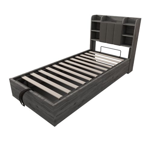 Lit En Bois 90x200 Cm Avec Rangement Hydraulique, USB Et Type-c, Tête De Lit Fonctionnelle