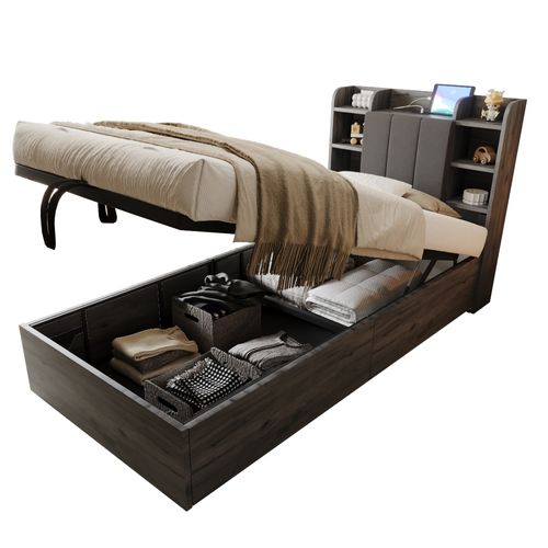 Lit En Bois 90x200 Cm Avec Rangement Hydraulique, USB Et Type-c, Tête De Lit Fonctionnelle