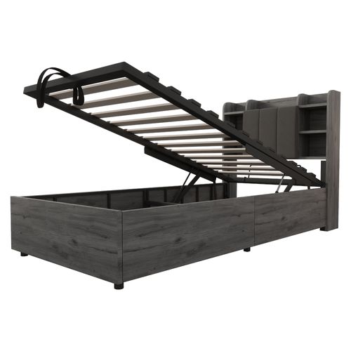 Lit En Bois 90x200 Cm Avec Rangement Hydraulique, USB Et Type-c, Tête De Lit Fonctionnelle