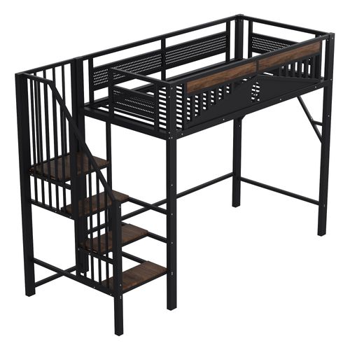 Lit Mezzanine 90x200 Cm Métal Noir Avec Garde-corps Unique Et Espace Sous Le Lit