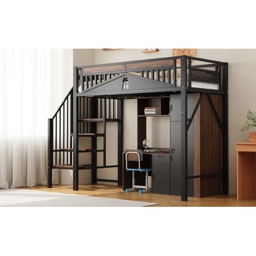 Lit Mezzanine 90x200 Cm Métal Noir Avec Garde-corps Unique Et Espace Sous Le Lit