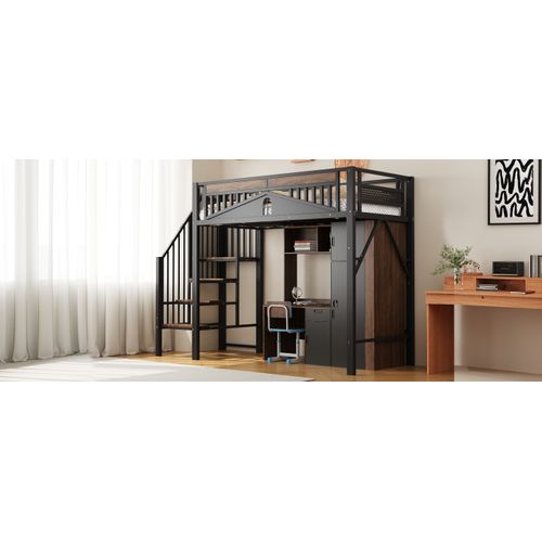 Lit Mezzanine 90x200 Cm Métal Noir Avec Garde-corps Unique Et Espace Sous Le Lit