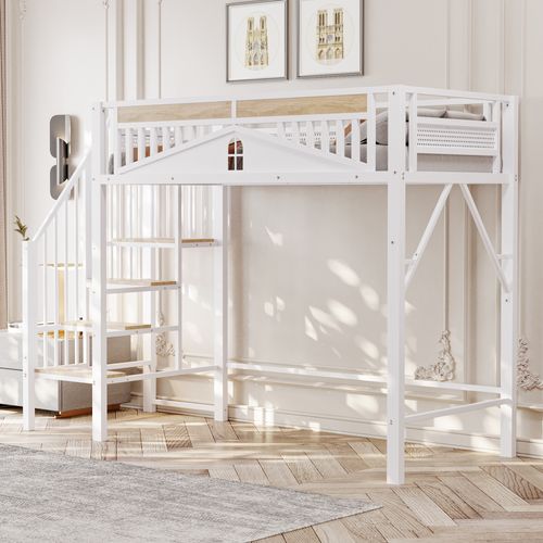 Lit Mezzanine 90x200 Cm Métal Blanc Avec Garde-corps Unique Et Espace Sous Le Lit