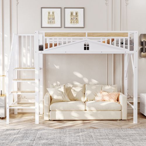 Lit Mezzanine 90x200 Cm Métal Blanc Avec Garde-corps Unique Et Espace Sous Le Lit