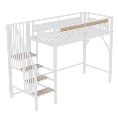 Lit Mezzanine 90x200 Cm Métal Blanc Avec Garde-corps Unique Et Espace Sous Le Lit