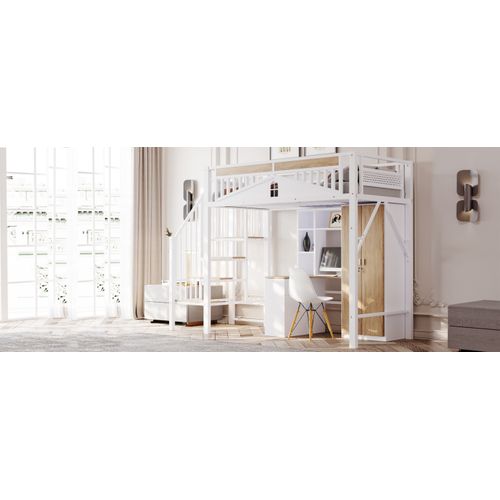 Lit Mezzanine 90x200 Cm Métal Blanc Avec Garde-corps Unique Et Espace Sous Le Lit