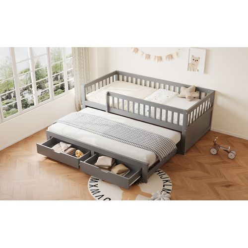 Canapé-lit 90x200 Cm Gris Avec Lit Gigogne, Tiroirs Et Barrières De Sécurité Intégrales