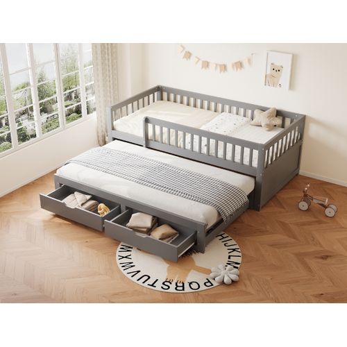 Canapé-lit 90x200 Cm Gris Avec Lit Gigogne, Tiroirs Et Barrières De Sécurité Intégrales