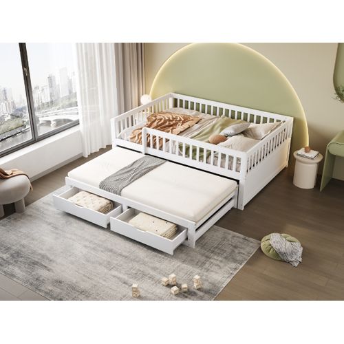 Canapé-lit 140x200 Cm Blanc Avec Lit Gigogne, Tiroirs Et Barrières De Sécurité Intégrales