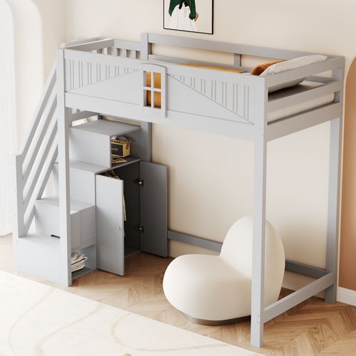 Lit Mezzanine 90x200 Cm Gris Avec Barrière Sécurité, Rangement Et Échelle Modulable