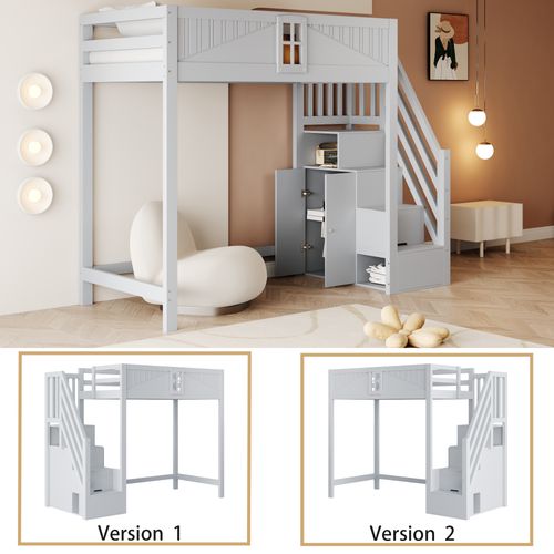 Lit Mezzanine 90x200 Cm Gris Avec Barrière Sécurité, Rangement Et Échelle Modulable