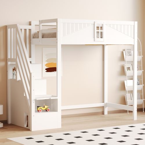 Lit Mezzanine 90x200 Cm Blanc Avec Barrière Sécurité, Rangement Et Échelle Modulable