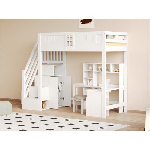 Lit Mezzanine 90x200 Cm Blanc Avec Barrière Sécurité, Rangement Et Échelle Modulable