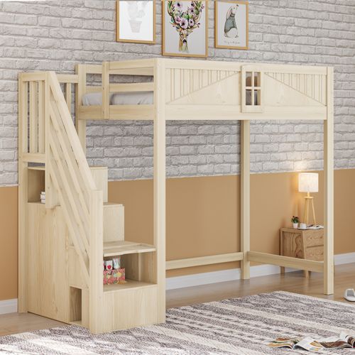 Lit Mezzanine 90x200 Cm Bois Avec Barrière Sécurité, Rangement Et Échelle Modulable
