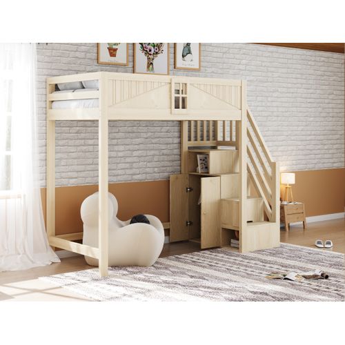 Lit Mezzanine 90x200 Cm Bois Avec Barrière Sécurité, Rangement Et Échelle Modulable