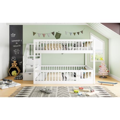 Lit Superposé 140x200 Cm Pour Enfants Avec Escalier Sécurisé Et Tiroirs De Rangement Blanc
