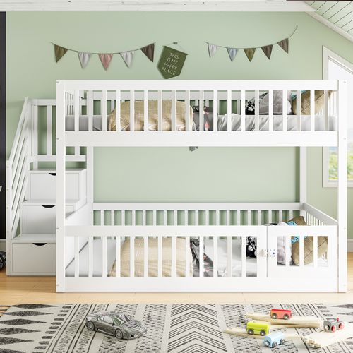 Lit Superposé 140x200 Cm Pour Enfants Avec Escalier Sécurisé Et Tiroirs De Rangement Blanc
