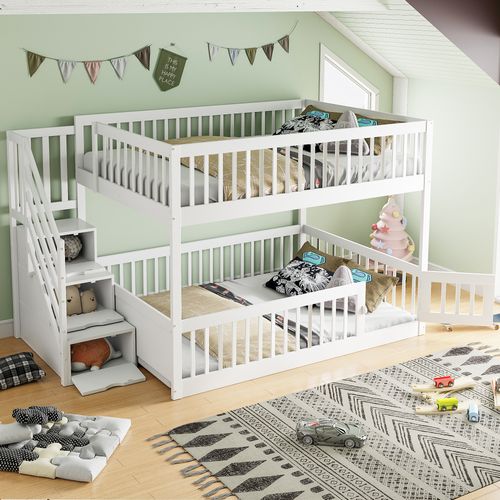 Lit Superposé 140x200 Cm Pour Enfants Avec Escalier Sécurisé Et Tiroirs De Rangement Blanc