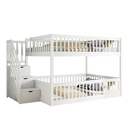 Lit Superposé 140x200 Cm Pour Enfants Avec Escalier Sécurisé Et Tiroirs De Rangement Blanc
