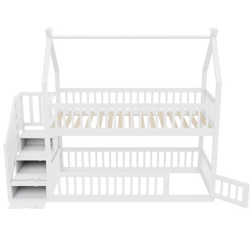 Lit Superposé 90x200 Cm Pour Enfants Avec Toit, Escalier Sécurisé Et Tiroirs De Rangement Blanc