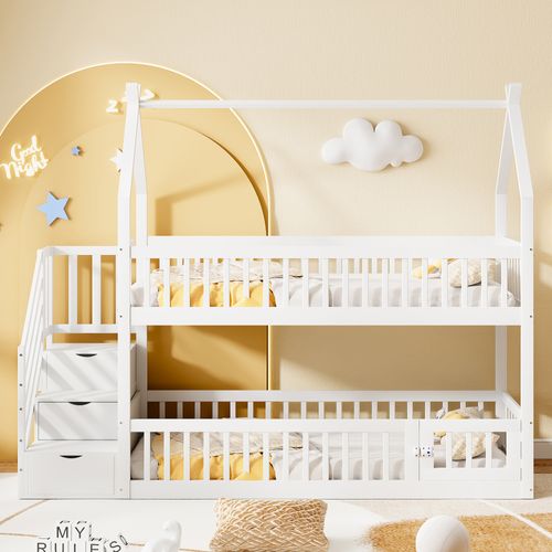 Lit Superposé 90x200 Cm Pour Enfants Avec Toit, Escalier Sécurisé Et Tiroirs De Rangement Blanc